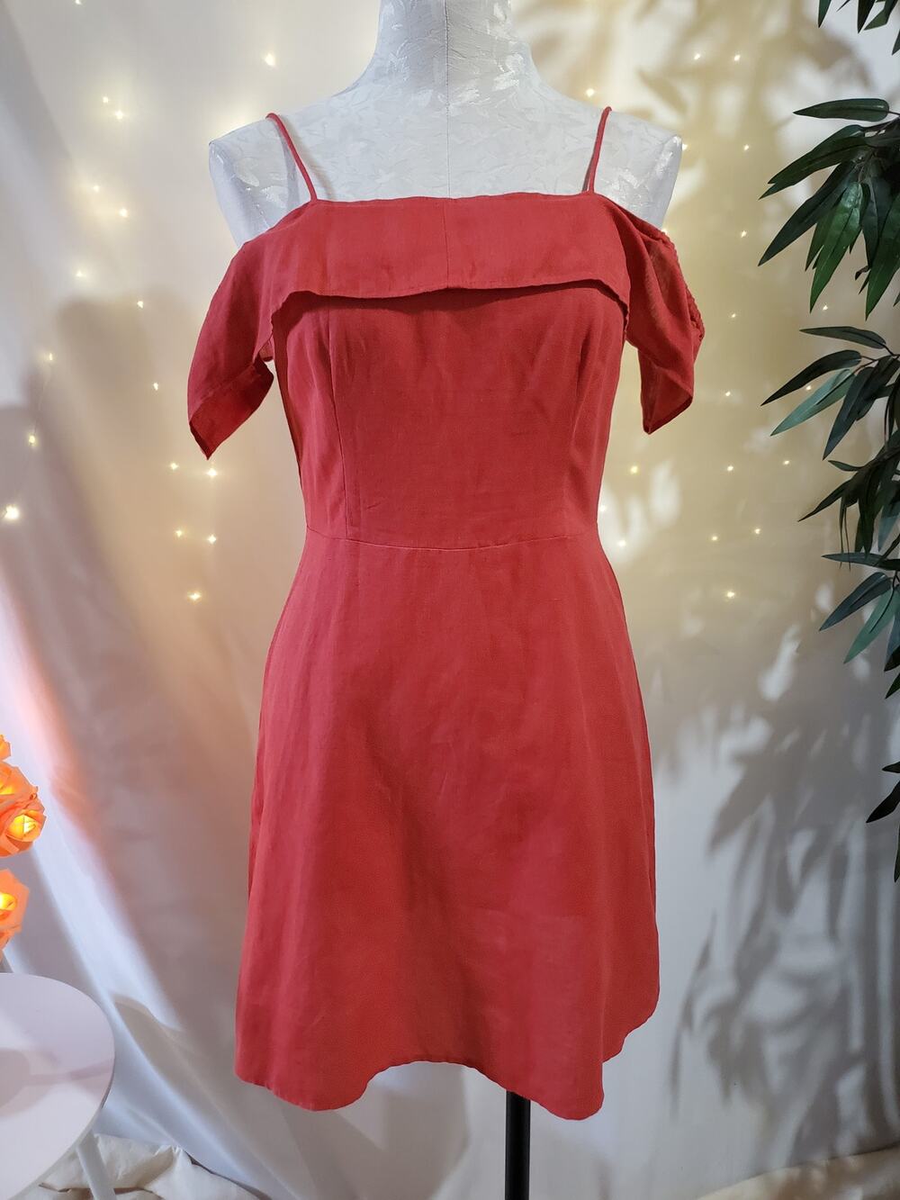 ASOS Linen Off Shoulder Ruffle Coral Pink Fit and Flare Mini Dress Womens Size 4